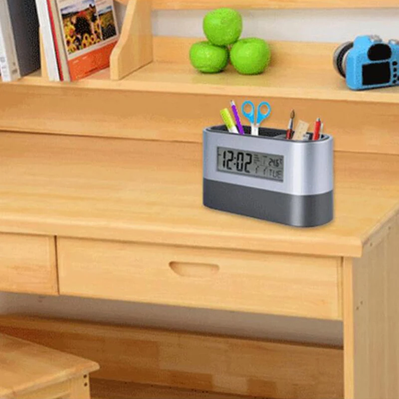 

Office Desktop Storage Pen Holder Tools Name Card Container With Digital Alarm Clock Timer Calendar Temperature Thermometer