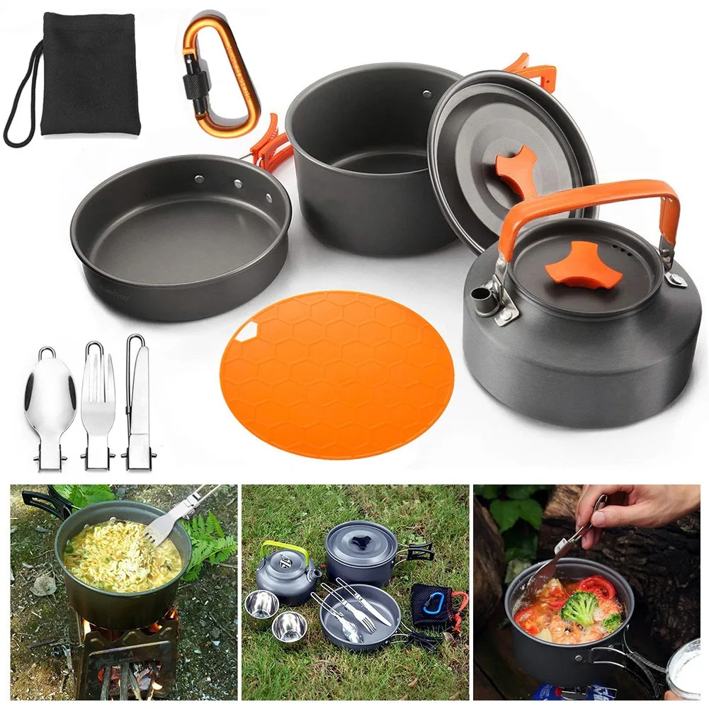 

Outdoor Camping Cookware Utensil Outdoor Cooking Teapot Picnic Kettle Pot Frying Pan Teapot Cutting Board Kit Combo Set Picnic
