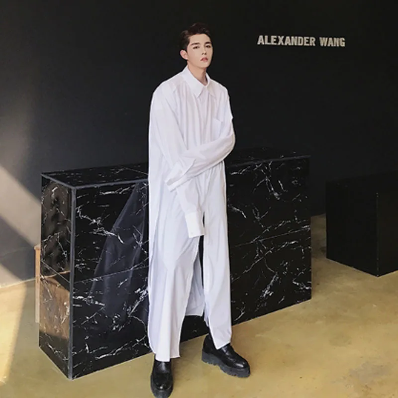Homens Desfile de Moda Robe Super Longo Camisa Masculina черно белая манга Comprida pulóver Повседневная Camisas Vestido