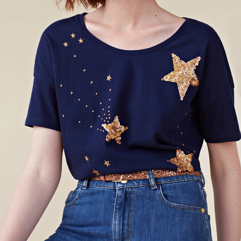 

Женская хлопковая Футболка с блестками, темно-синяя футболка во французском стиле, лето 2019