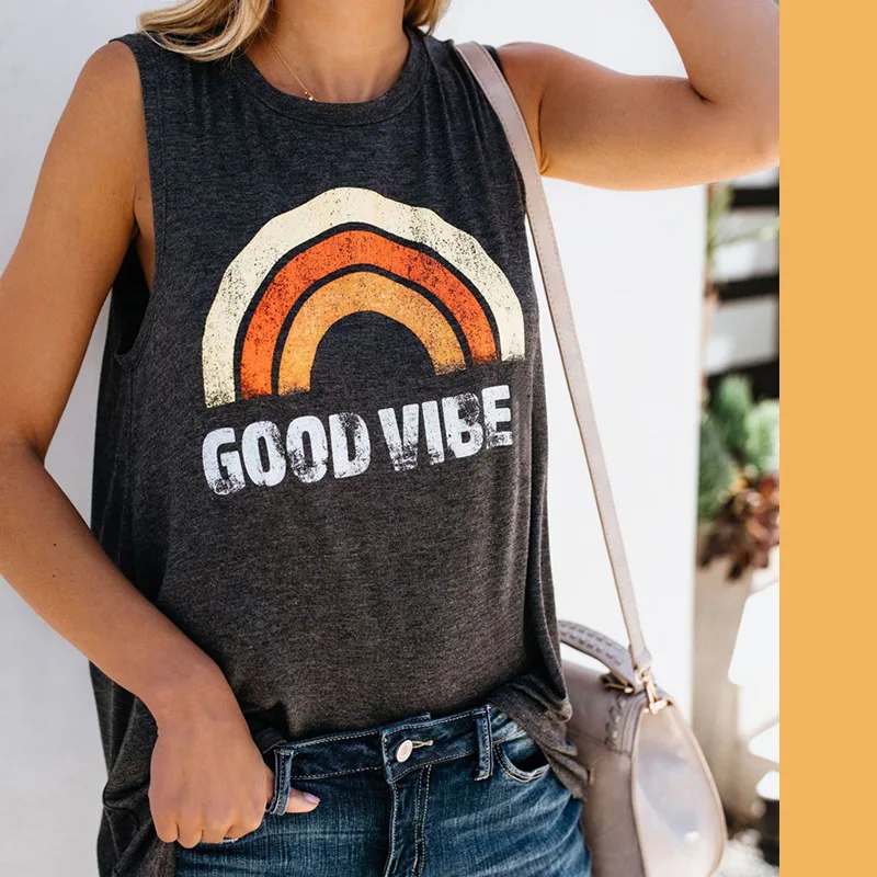 Лидер продаж 2020 майка с надписью good vibes rainbow модная удобная футболка без рукавов в