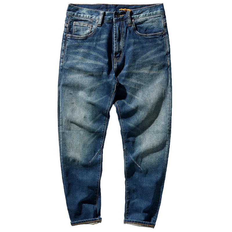 Autumn and Winter Thick Stretch Worn Looking Washed-out Jeans Men 's American Straight -Leg Trousers