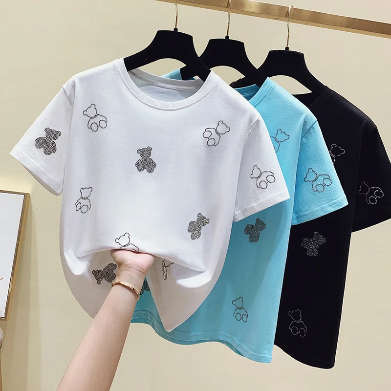 

Негабаритных футболка для женщин, Kawaii одежда белая футболка с короткими рукавами летний топ, свободная футболка из хлопка синего цвета высо...