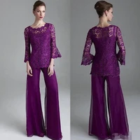 purple lace mother of the bride pant suits sheer jewel neck long sleeves wedding guest pantsuit plus size mothers groom dreses