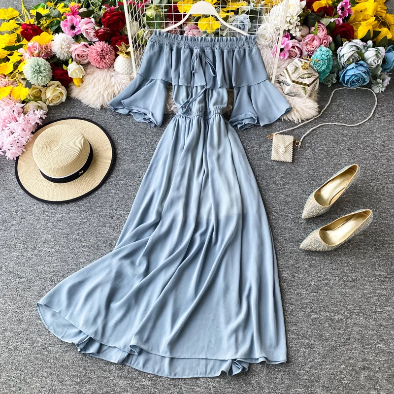 

High QualitySeaside Resort Bali's New Women's Summer Beach Dress Thai Shoulder Chiffon Dress Long Long Skirt Super Fairy