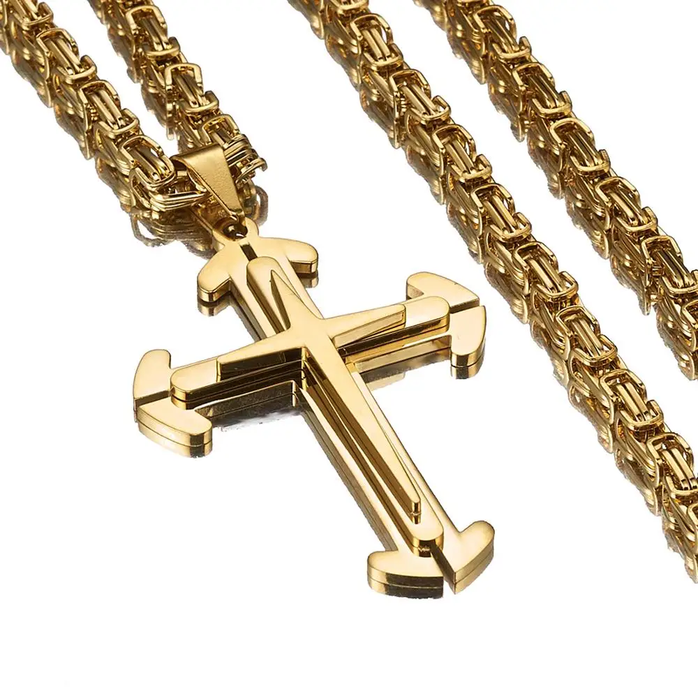 

Модная Византийская цепочка с крестом Христос из нержавеющей стали длинное женское золотистое массивное ожерелье ювелирные колье