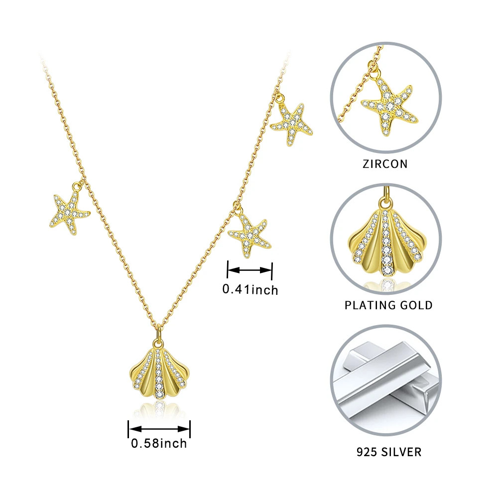 

925 Sterling Silver Starfish Shell Gold Color Pendant Chain Zircon Necklace Fine Jewelry For Women Mother Day Gifts free ship