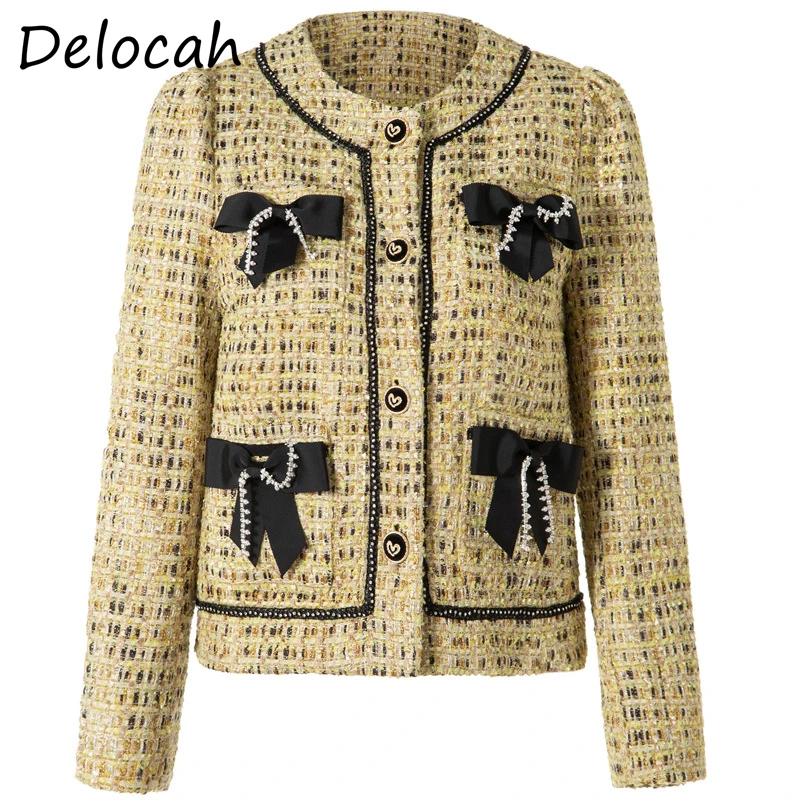 

Delocah New 2021 Winter Women Fashion Runway Jacket Long Sleeve Elegant Bow Crystal Pockets Straight Blends Short Coats Overcoat