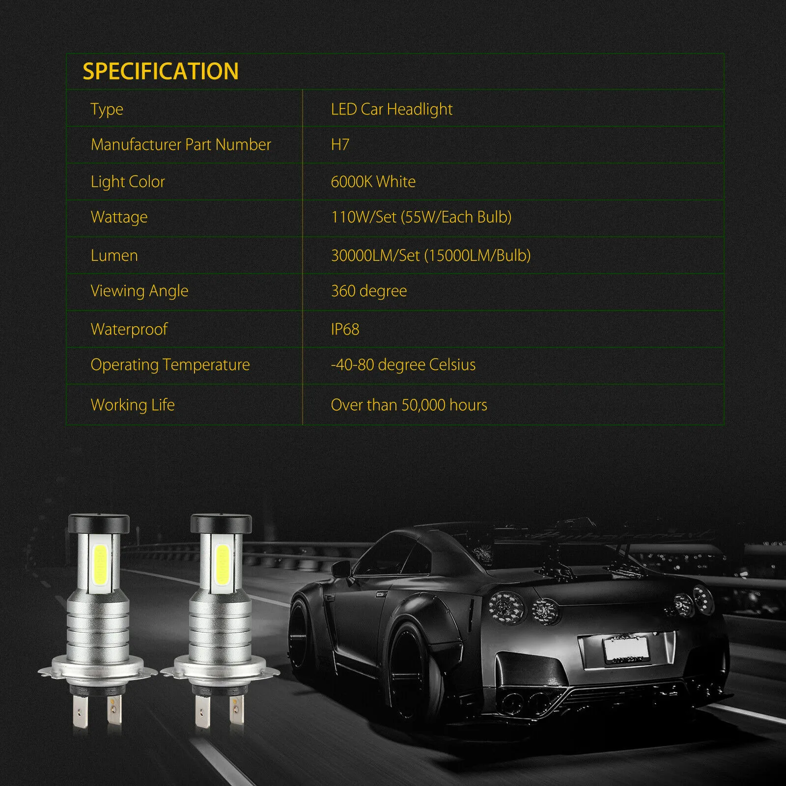 

Super Bright Headlight Bulb Waterproof White 30000LM 6000K DC9V-32V Fog