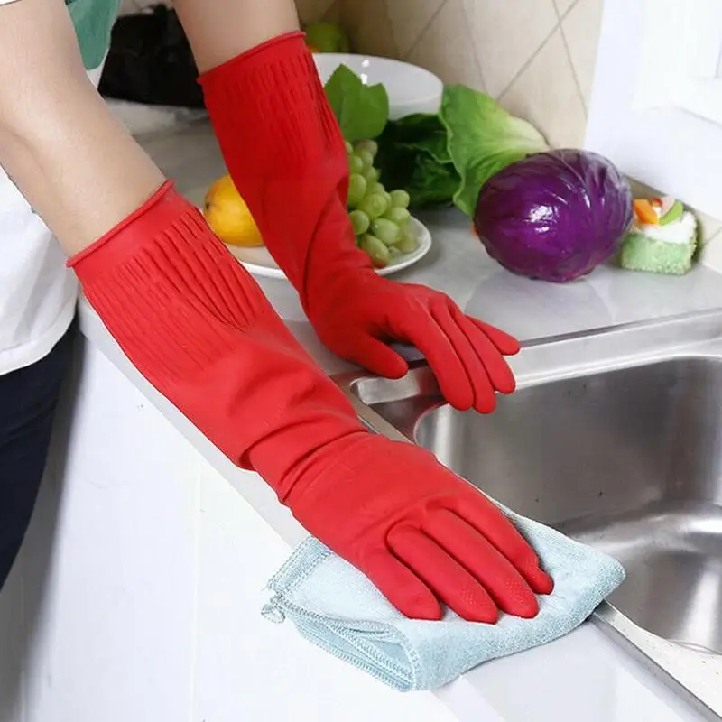 

Red Gloves Washing Dishes Cleaning Waterproof Rubber Latex Gloves Long Kitchen Gloves Tool Sleeve J3e3
