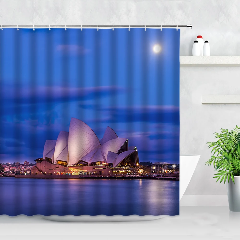 

Australia Sydney Opera House Building Scenery Shower Curtains City Night View 3D Printing Waterproof Decor Bathroom Curtain Set