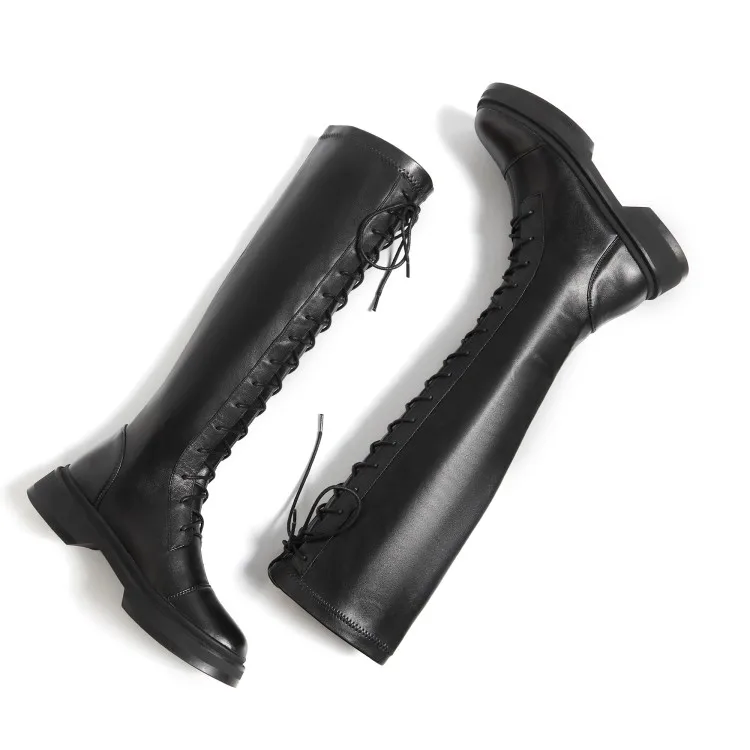 

MLJUESE 2021 women Knee-High boots Cow leather+Flock Winter short plush Round Toe Med heels female boots size 39