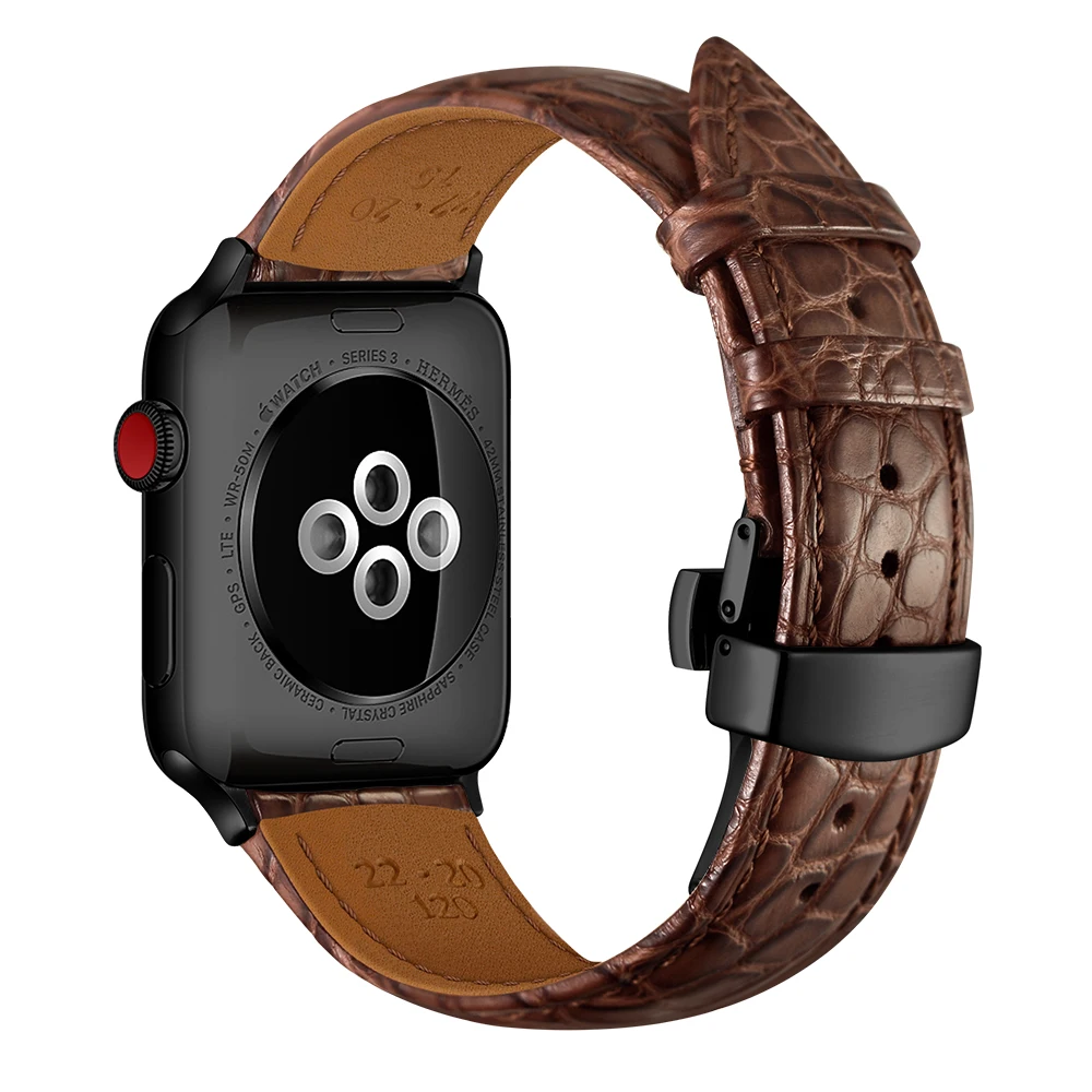 Brown-black Французский ремешок из кожи аллигатора для Apple watch 5 ремешок 44 мм 40 мм iwatch 42 мм 38 мм топ процесс Браслет Apple watch 4 3 21 44 - Цвет ремешка: Brown-black