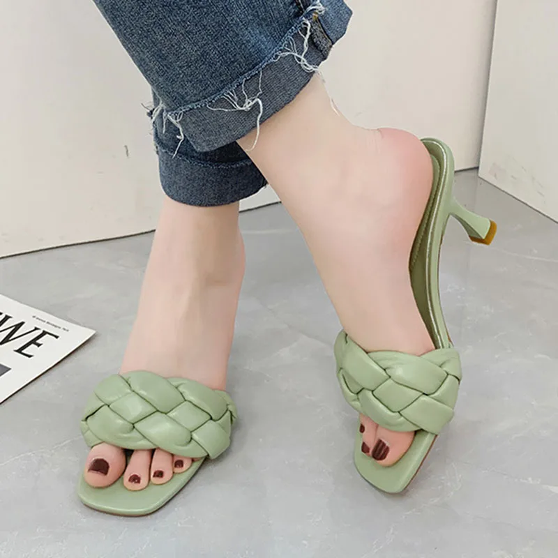 

Lucyever 2021 Summer Stiletto Heels Slippers Woman Sexy Weave High Heel Slides Women Fashion Pu Leather Thin Heel Beach Shoes