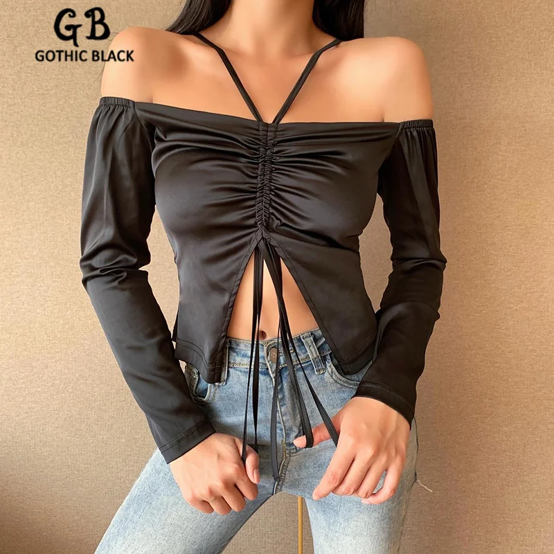 Женская Однотонная футболка на тонких бретельках Gothblack готический топ с рюшами