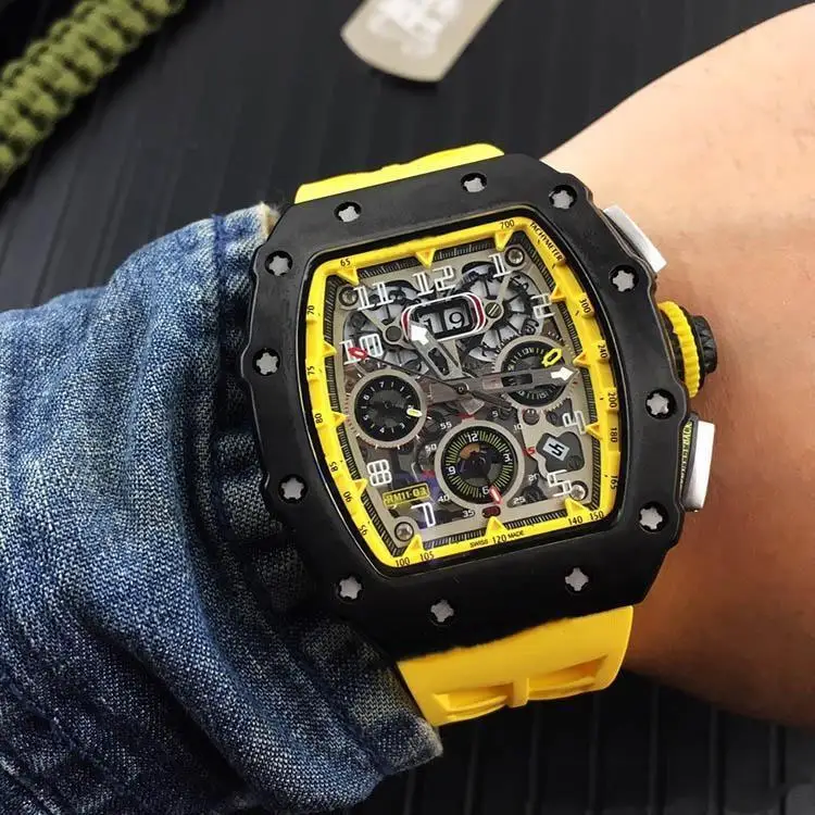 

Luxury Mens Automatic Mechanical Watch Full Black Case Yellow Red Rubber Flyback Chrono Skeleton RM11-03 Date Limited Wristwatch