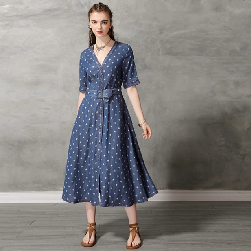 

Summer Dress Women Vintage Slim Fashion Denim Dress Female Elegant Printing Casual Dresses High Quality Ladies Vestidos QX282