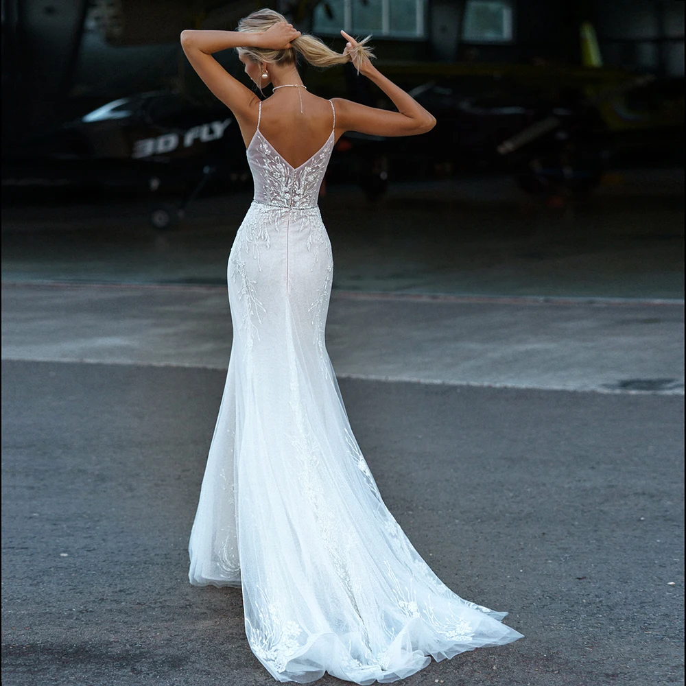 Sexy Mermaid Wedding Dresses V Neck Spaghetti Straps Button Appliqued Beading Elegant Long Backless Illusion 2021 Bridal Gowns | Свадьбы и