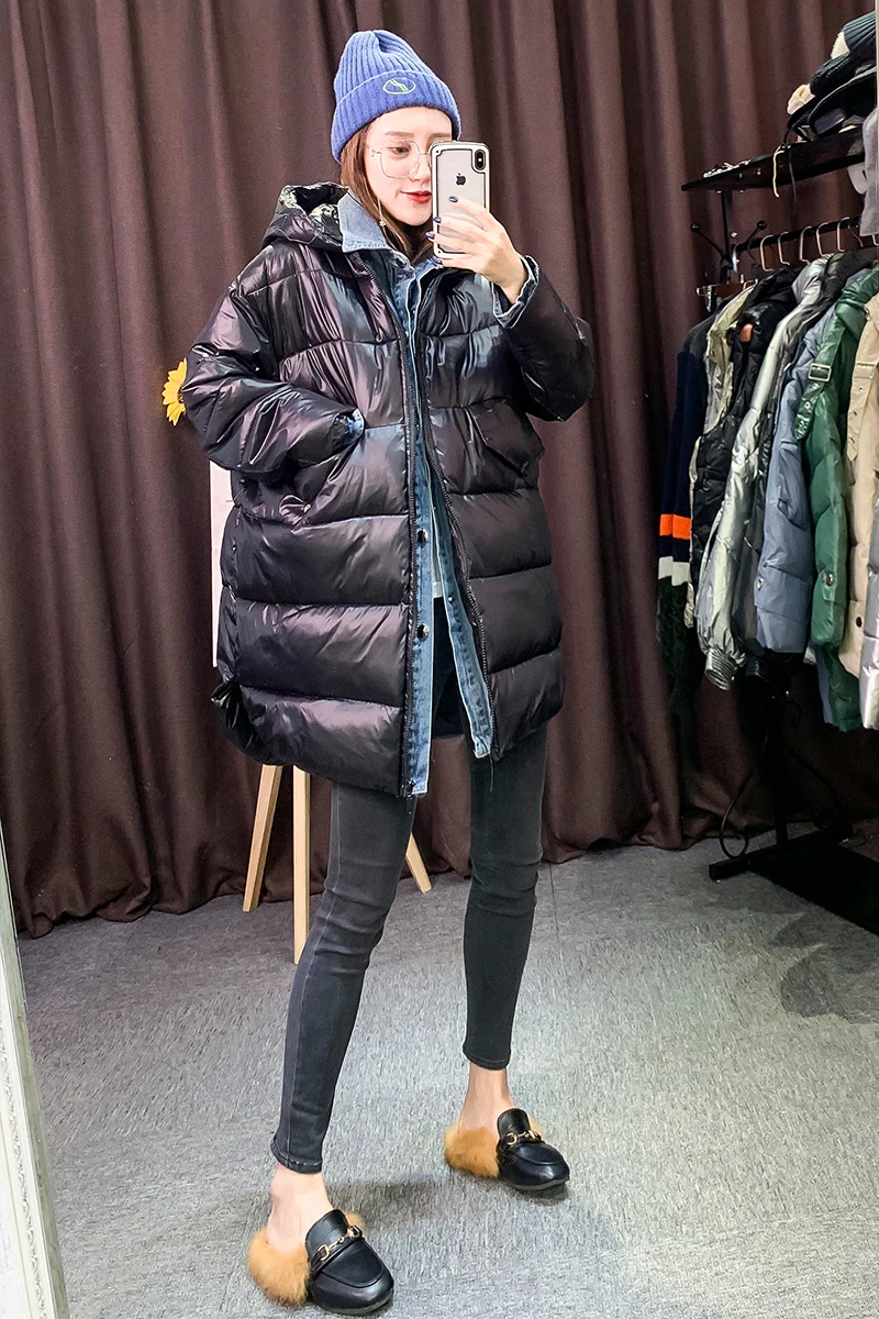 

Denim stitching cotton jacket female fake two pieces of 2021 winter new winter clothes Korean version loose student bread jacket