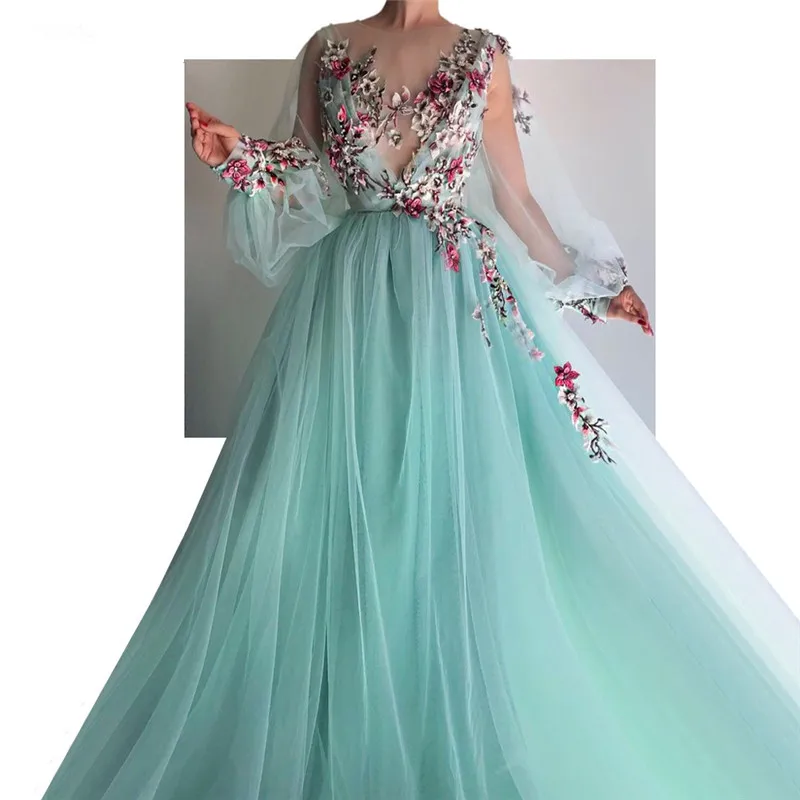 

Formal Muslim Evening Dresses A-line Long Sleeves Tulle Flowers Beaded Dubai Saudi Arabic Long Evening Gown