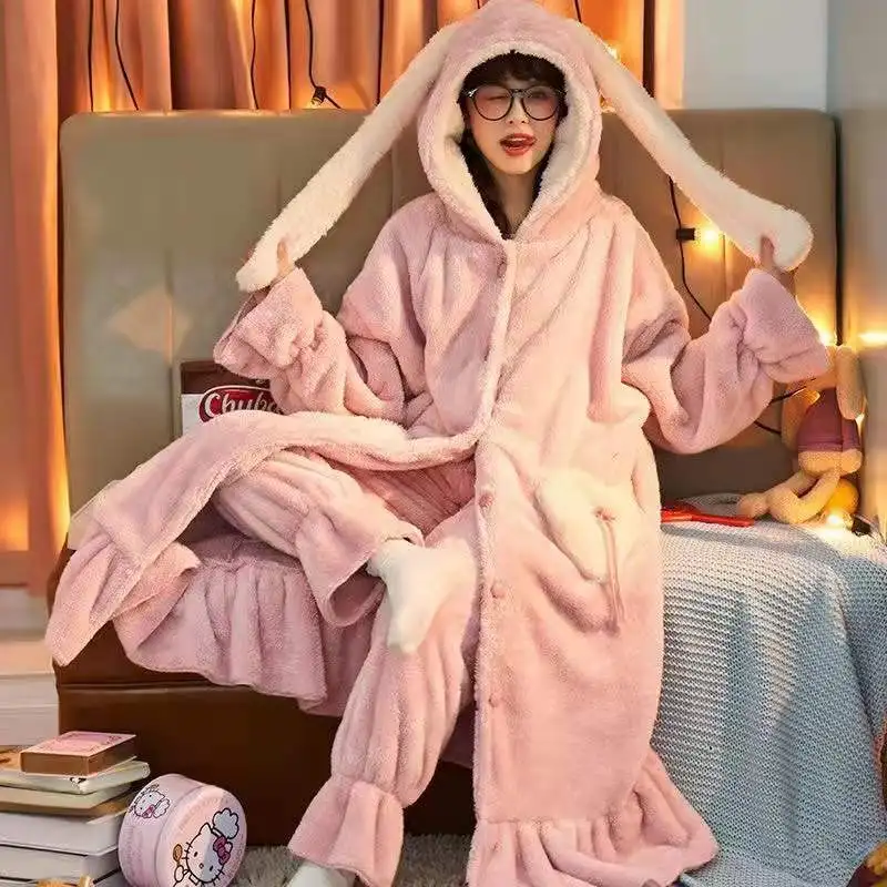 Conjuntos de pijamas de franela con orejas de conejo para mujer, ropa de dormir cálida y gruesa con capucha, ropa de noche para el hogar, 2 piezas, Invierno