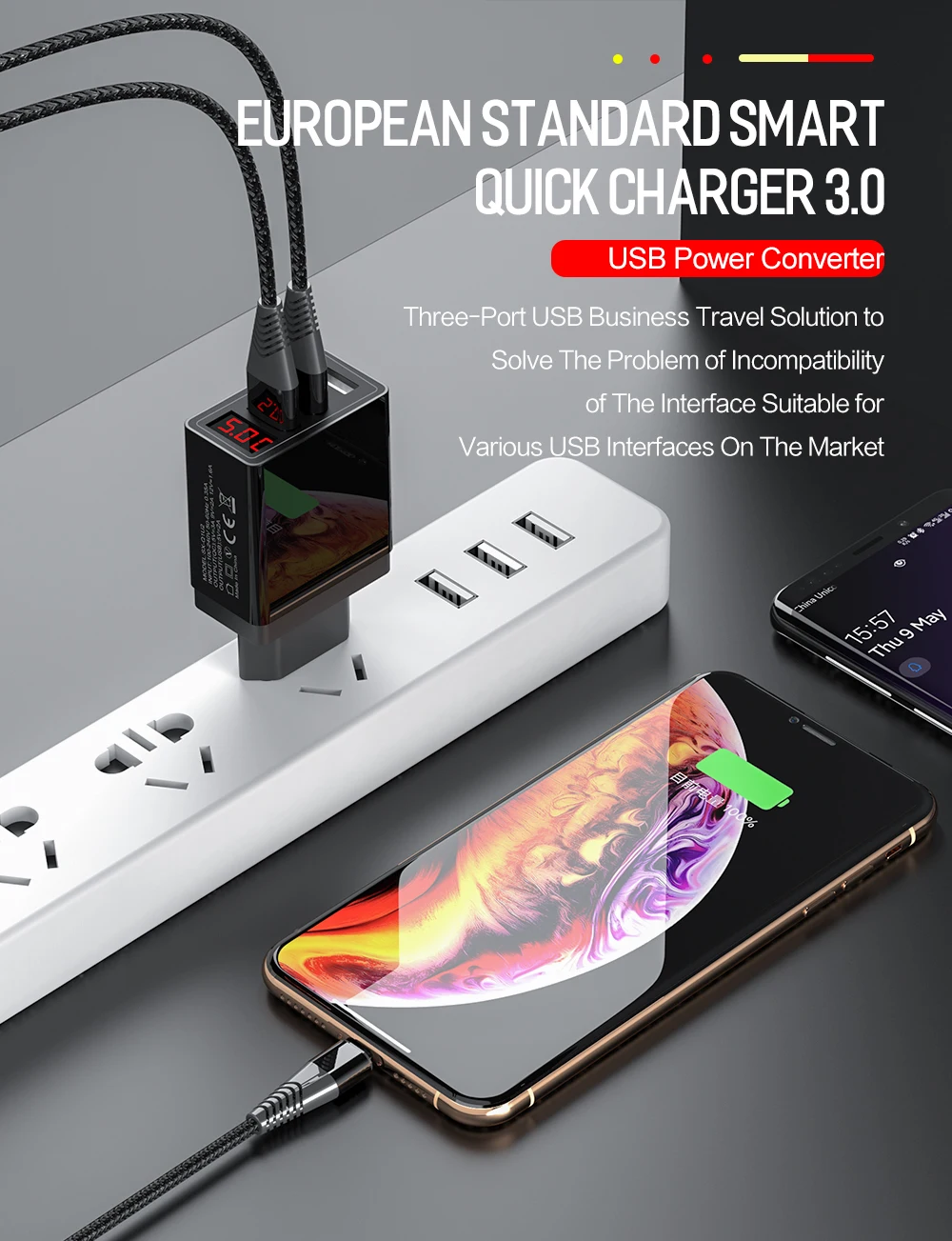 ROCK QC3.0 Быстрая Зарядка телефона USB зарядное устройство 30 Вт Светодиодный светильник дисплей QC Turbo Быстрая зарядка для iPhone Xiaomi Mi 9 huawei P30 Pro
