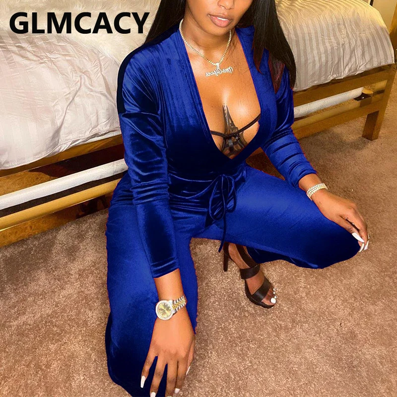 

Women Long Sleeve Velvet V Neck Jumpsuit Drawstring Tie Waist Bodycon Jumpsuits