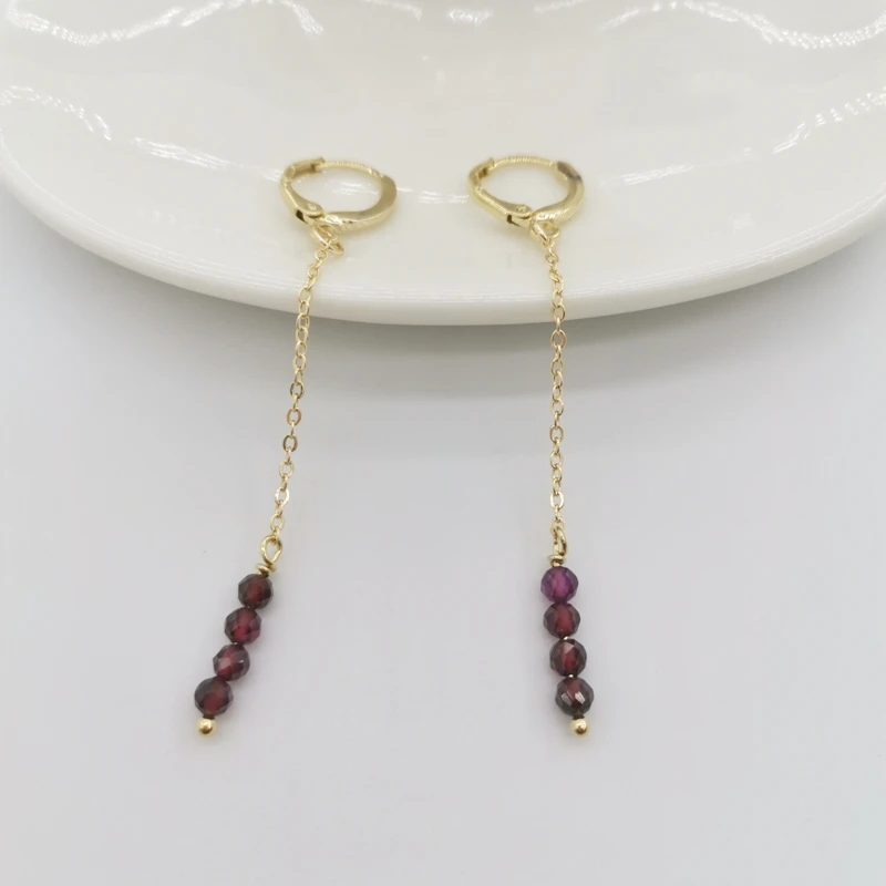 

Dainty Garnet Earrings 14K Gold Filled Chains Delicate Faceted Gemstones Pendants Dangle Hoops Boho Elegant Women Earrings Gift