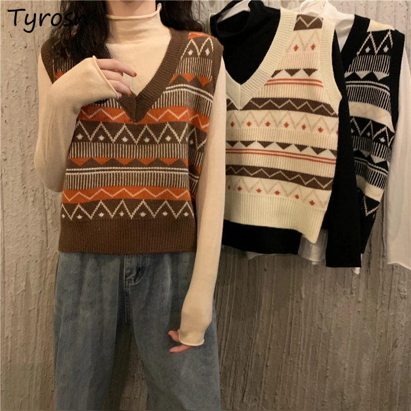 

Женский винтажный свитер-жилет без рукавов, универсальный Трикотажный жилет с V-образным вырезом, простой Свободный жилет в стиле ретро для ...