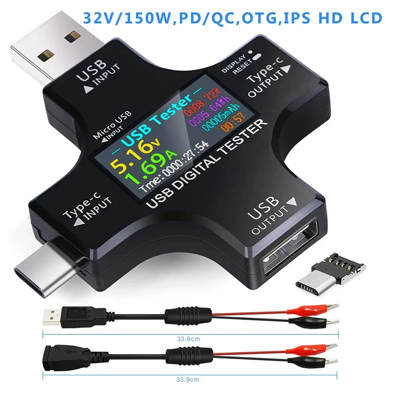 USB C тестер 2 в 1 Тип цветной экран IPS цифровой мультиметр напряжение ток мощность