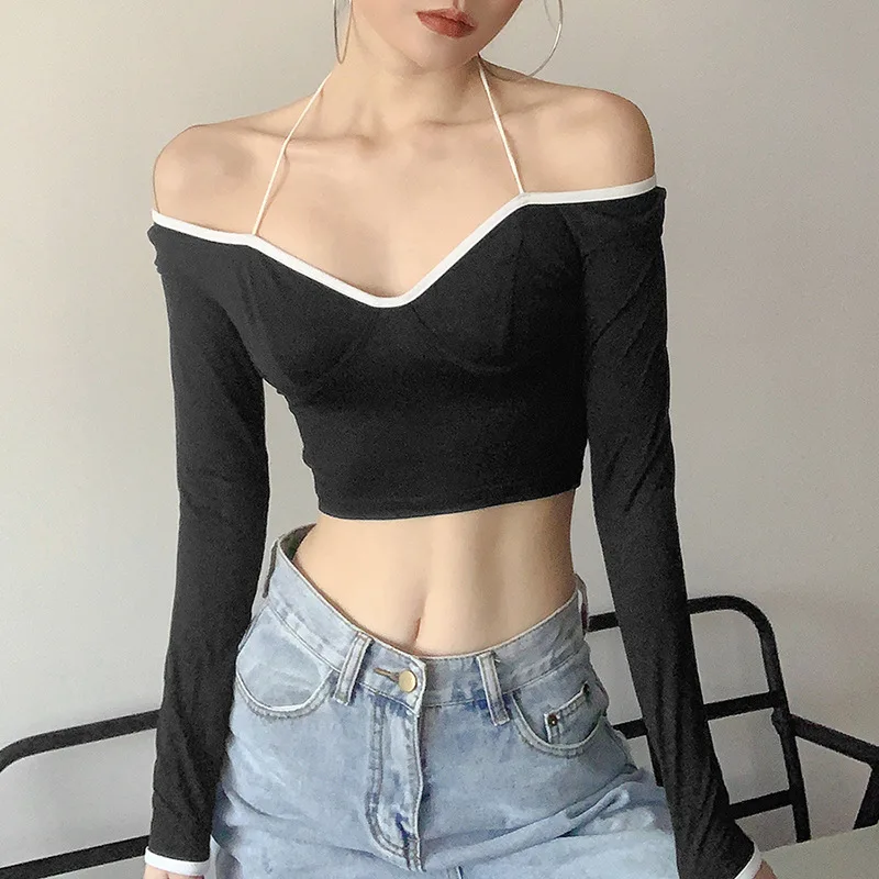 

Solid Color Long-sleeved T-shirt Women's V-neck Halter Neck Low-cut Top Ladies Urban Beauty Daily Commute 2021 Spring and Autumn