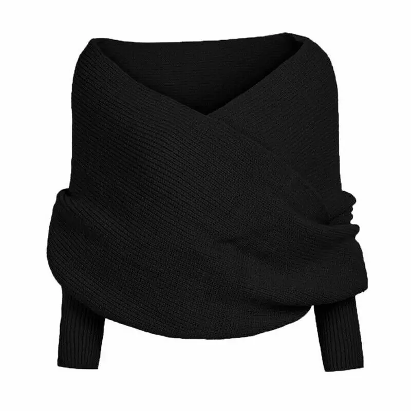 Пуловер женский вязаный с перекрестным воротником V-образным вырезом и длинными