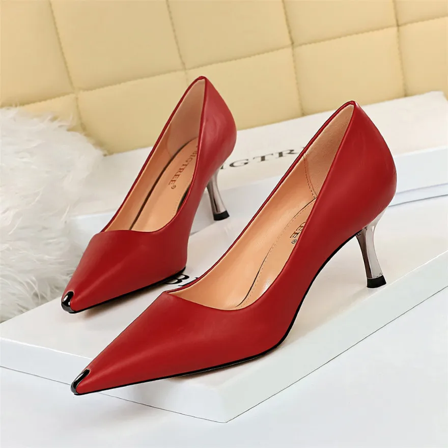 

BIGTREE Shoes Elegant Metal Pointed Toe Women Pumps New Autumn Soft Leather Woman Comfort High Heels 6cm Work Dress Female Shoes