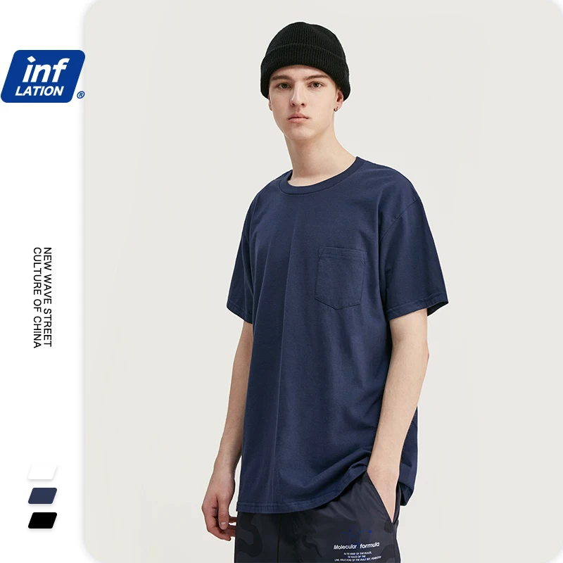 Летние мужские повседневные футболки с передним карманом 2021 Базовые однотонные