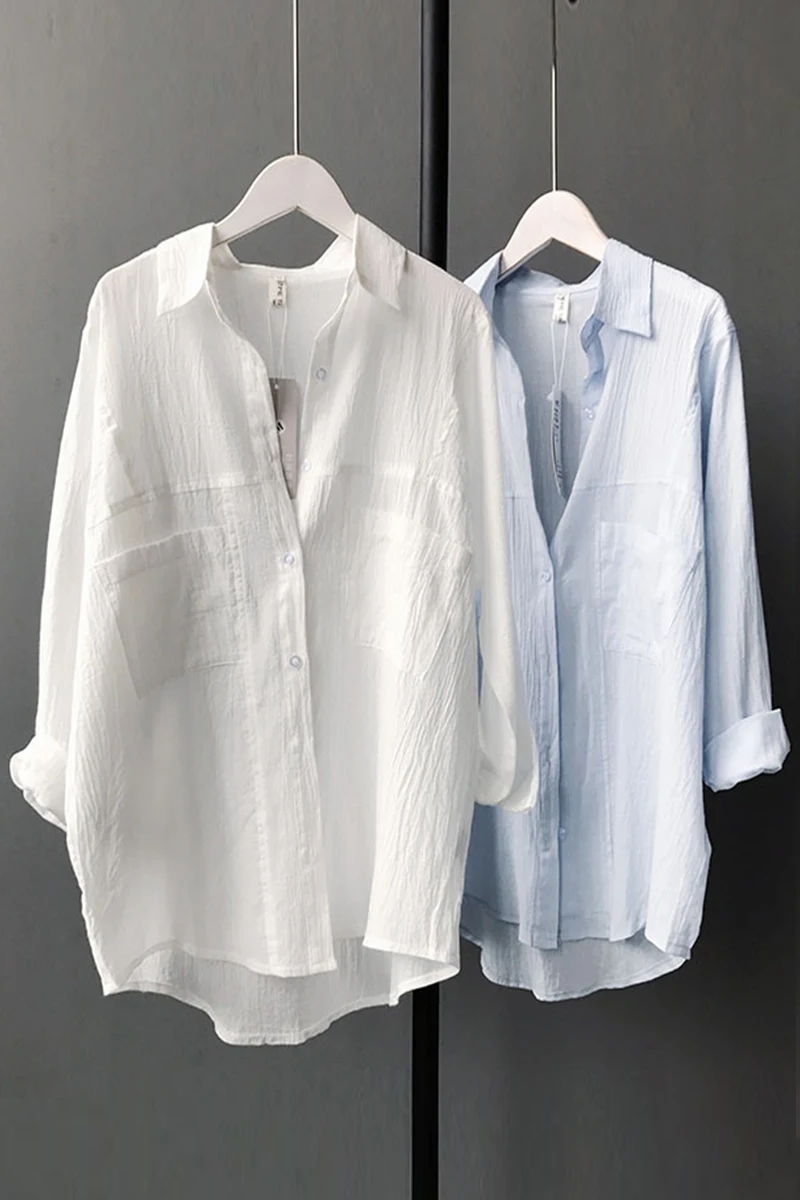 

Solid Full Sleeve Buttons Blouses Woman Fashion Tunics Chemise Vetement Femme 2021 Blusas DM001