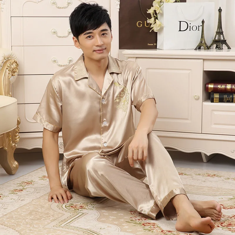 

Satin Men & Women Sleep Set Casual Home Wear Home Suit Big Size 3XL Couple Short Sleeve Pajamas Set Embroidery Pyjamas Suit