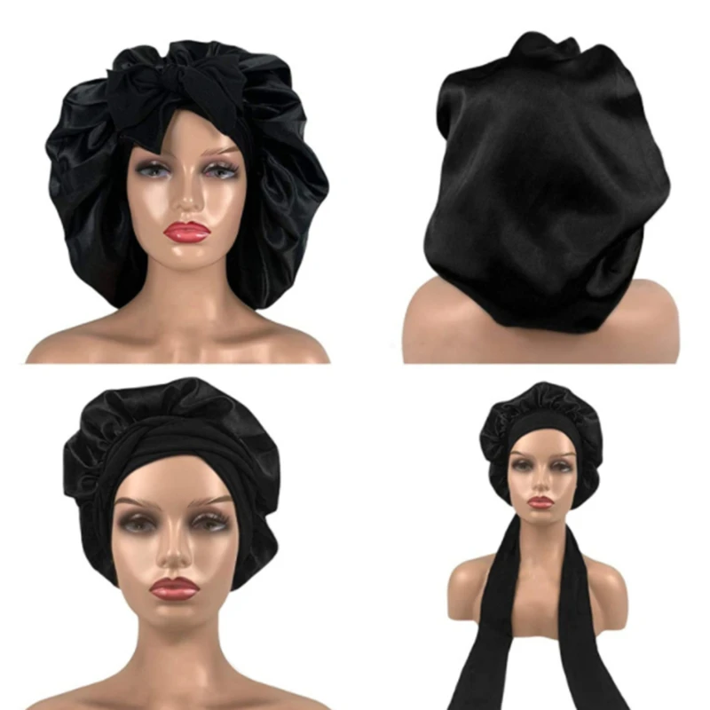 

1 Piece Night Sleeping Shower Cap Girls Women High Elastic Hair Bonnet Hat Polyester Head Cover Satin Turban Lace Up Shower Cap