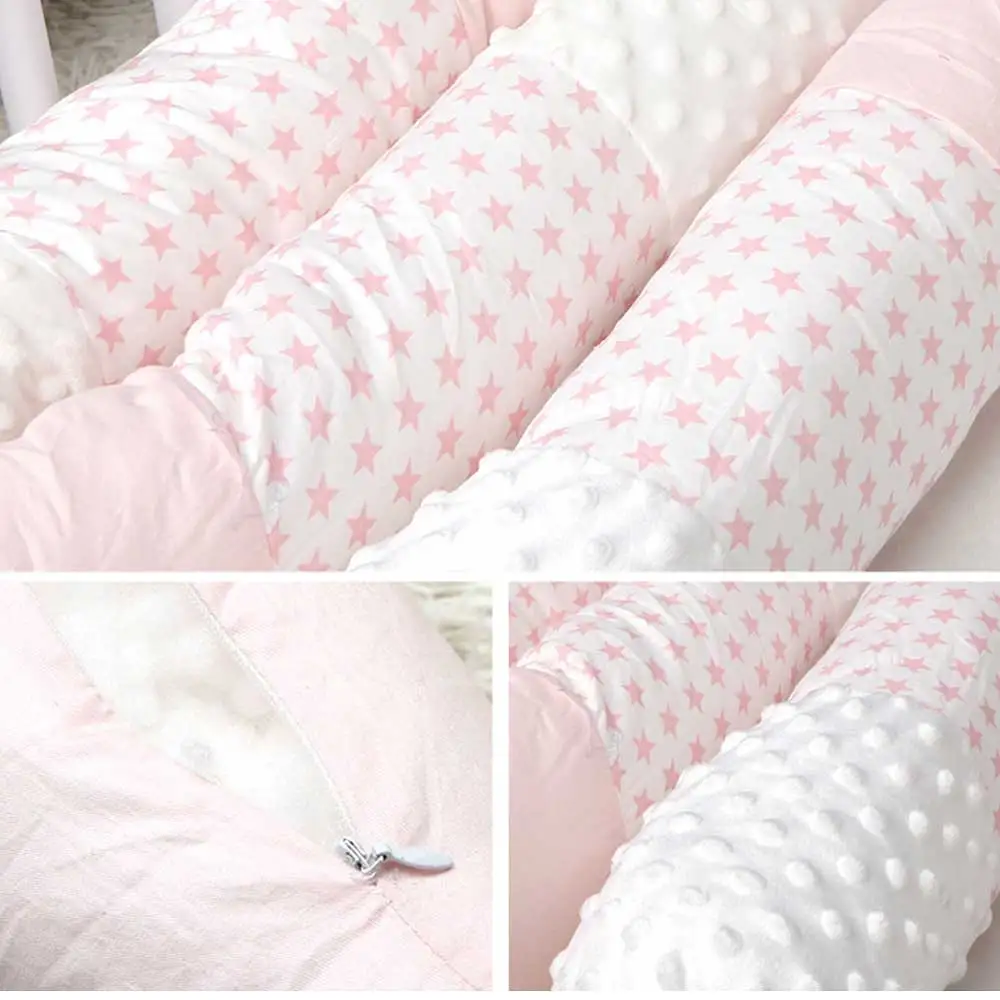 

Baby Bumper Long Patchwork Kids Bumper Ins Style Detachable Baby Sleeping Protection Pink Gray Soft Flannel Cotton Design