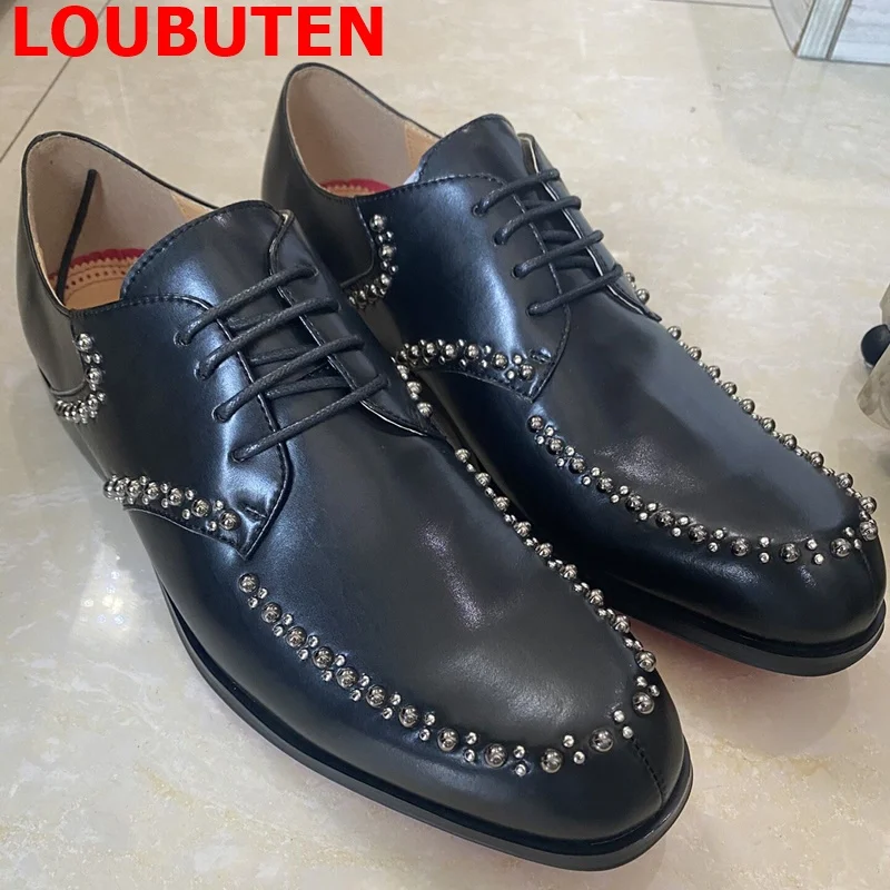 

LOUBUTEN Luxury New Red Bottom Men Dress Shoes Black Genuine Leather Lace-up Rivets Formal Shoes Men's Wedding Shoes