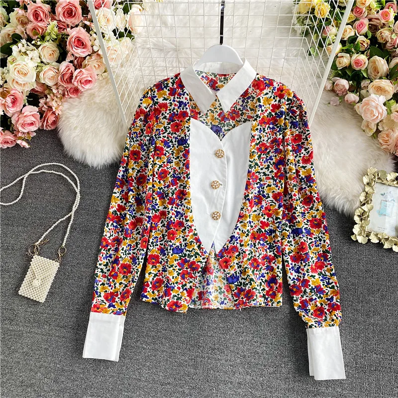 

Spring New Retro Ruffled Floral Chiffon Stand-up Collar Shirt Female Sweet Age-reducing Temperament Loose Puff Sleeve Top C125