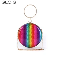 fashion pu women clutch bags rainbow color chain shoulder handbags party dress evening bags ball shaped purse