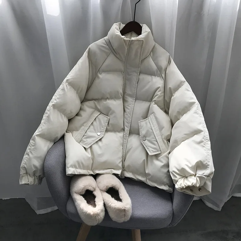 Women 2023 New Warm Thick Loose Chic Parkas Ladies Fashionable Winter Stand Collar Down Jacket Coats Solid Overcoat Bread Padded