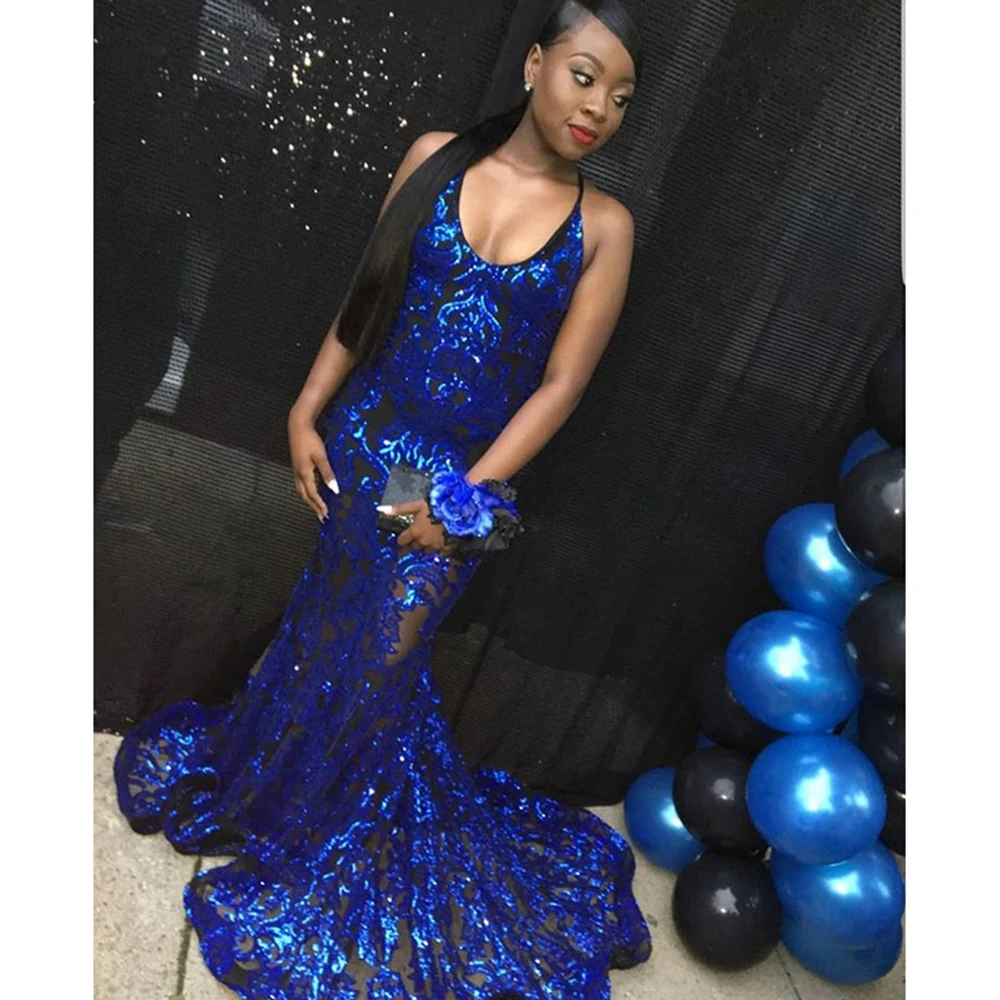 Королевский синий платья для выпускного на бретелях прозрачные Русалка