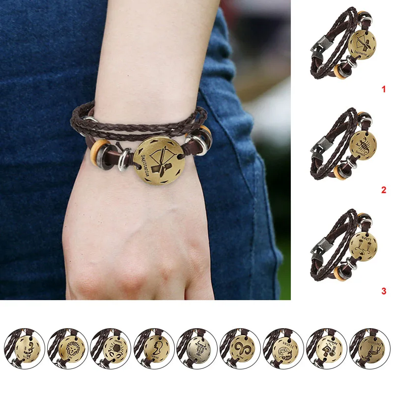 Мужские и женские плетеные браслеты 12 созвездий кожаные со знаками Зодиака