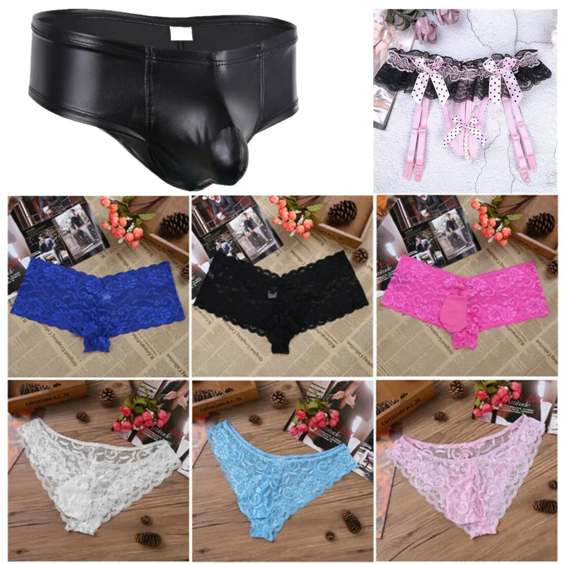 Пикантное мужское белье iEFiEL из эластичной ткани кружевное нижнее с цветочным