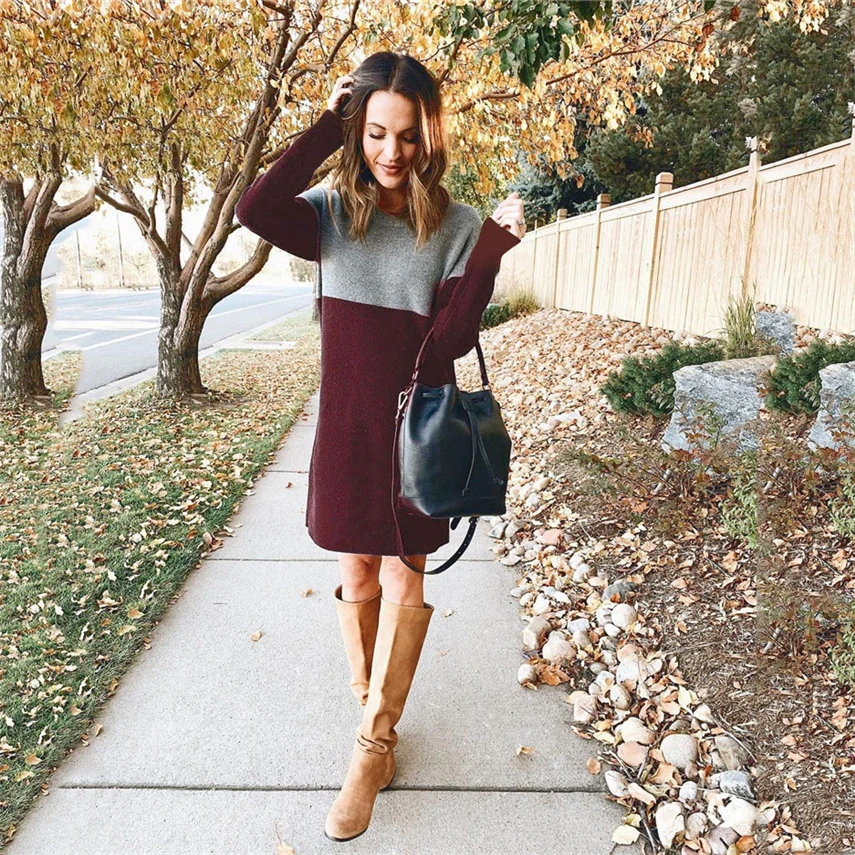 

Women Autumn Dress Splicing Long Sleeve Stripe Patchwork O-neck Mini Dress Fashion Clothing Loose Casual Autumn Winter Muslim