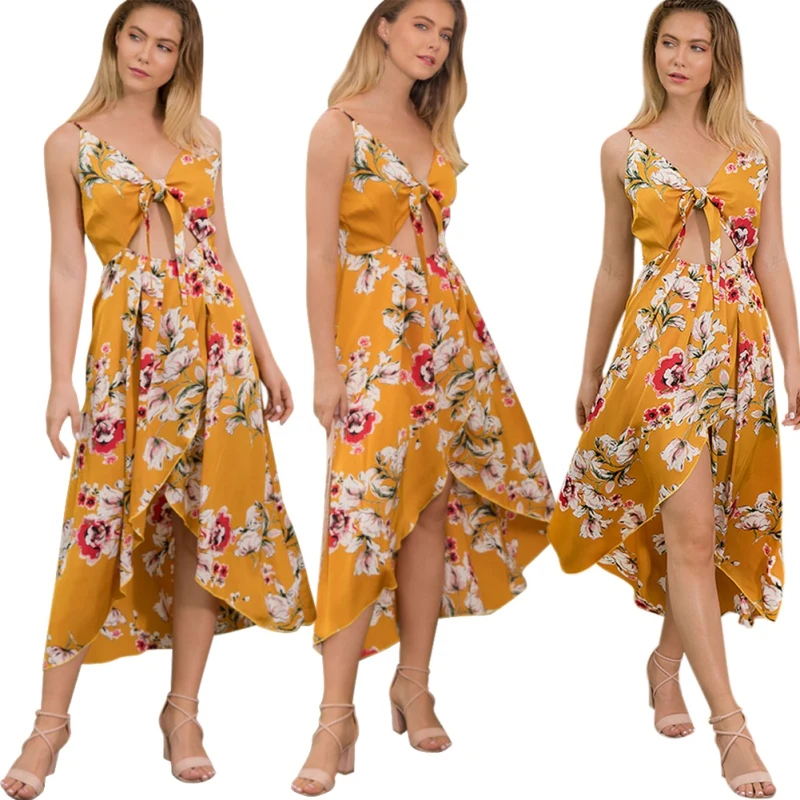 

Sexy Sleeveless V-Neck Dress Women Printed Sling Irregular Dress Female Beach Summer Dresses P1