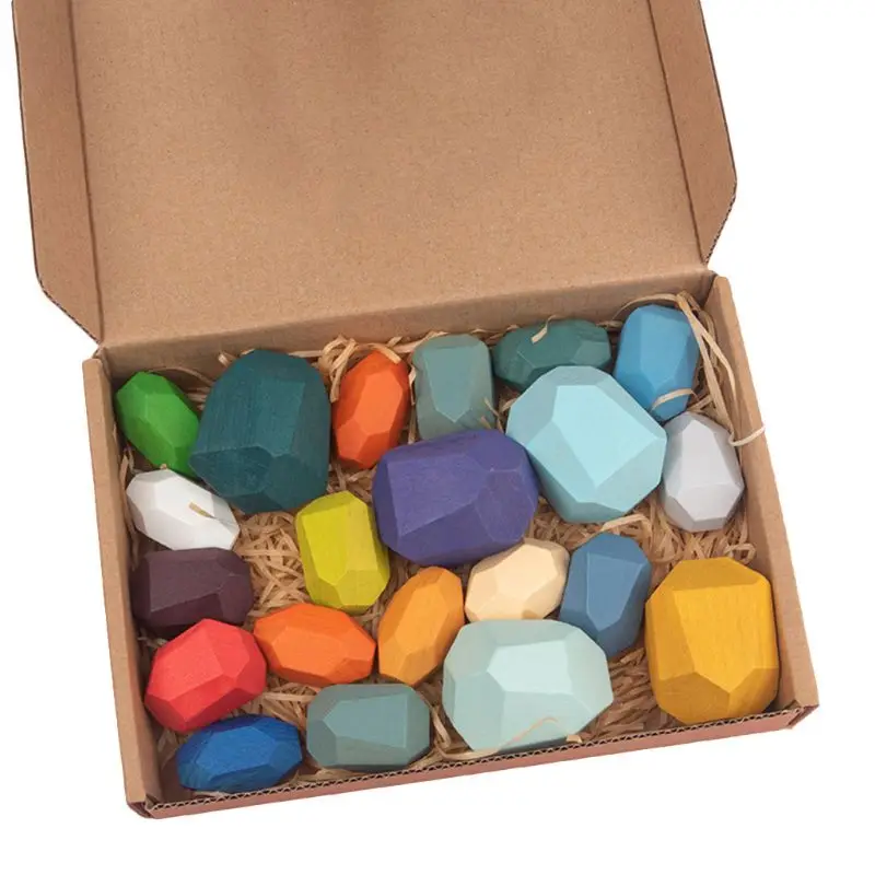 

21 Pcs Children Wooden Colored Stone Stacking Game Building Block Education Toy J2HD