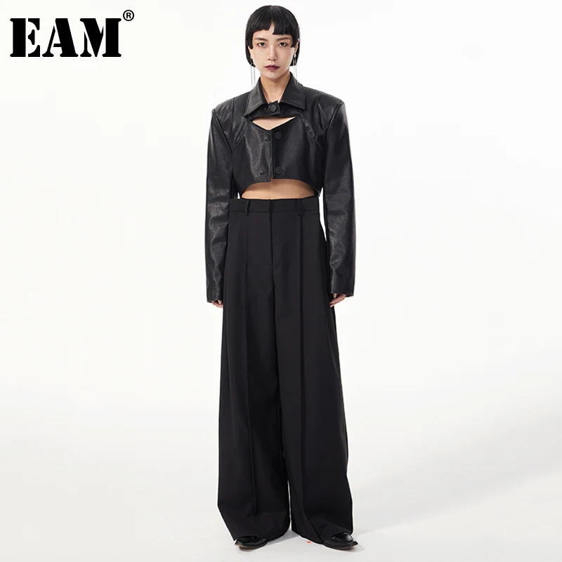 

[EAM] High Waist Black Pleated Long Wide Leg Casual Trousers New Loose Fit Pants Women Fashion Tide Spring Autumn 2022 1DE2558