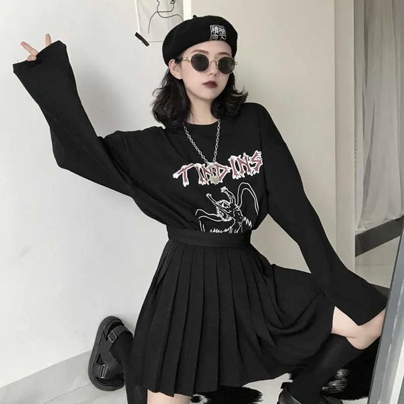 NiceMix весна корейский осень ulzzang Харадзюку улица хип-хоп Темный Ретро Ангел печать футболка ins модная свободная повседневная женская